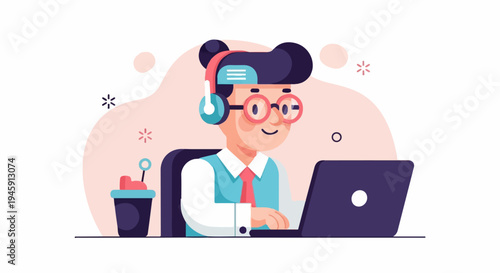 Enthusiastic character with headphones works diligently on a laptop, cheerful, studious, focused
