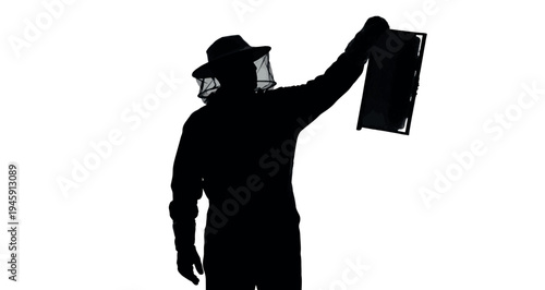 Beekeeper Silhouette vector graphic illustration depicts a silhouette of a professional beekeeper, wearing protective gear, expertly holding up a honeycomb frame.