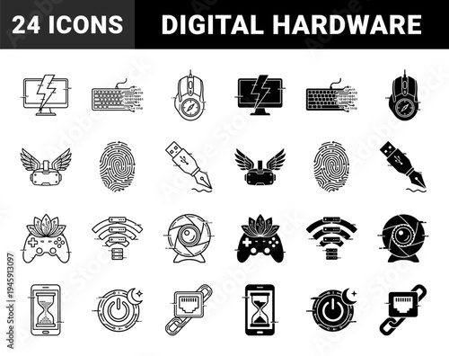Hybrid Digital Hardware Icons Featuring Computer Peripheral Mergers with Nature and Tool Symbols in Minimalist Line and Solid Silhouette Style
