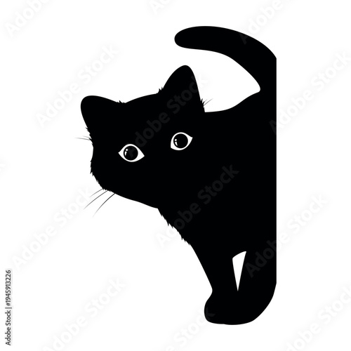 An illustration of a black cat peeking around a corner. The composition uses clean lines and shapes to highlight the cat s curious face and tail, with emphasis on its eyes and ears.