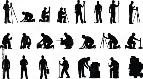 Collection of land surveyor worker silhouettes using tripod measurement equipment, construction engineering technicians performing field surveying, site inspection and mapping tasks isolated on white