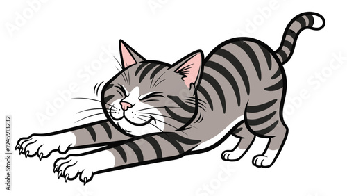 Adorable small grey tabby cat with black stripes stretching its body and closing its eyes in a happy expression.