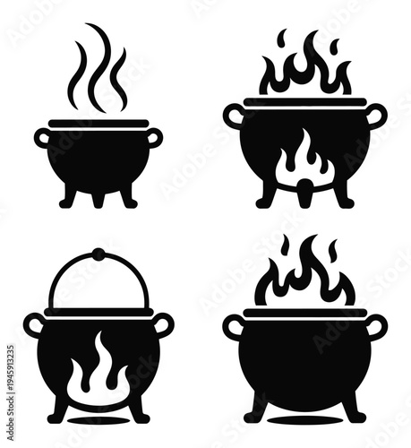Four Black Silhouette of Cauldrons with Fire and Steam
