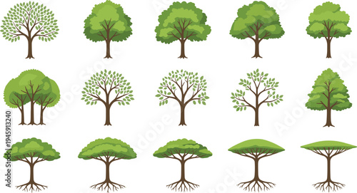 Collection of diverse green tree icons and forest canopy shapes with roots and branches, flat vector illustration set for nature, landscape, ecology design projects