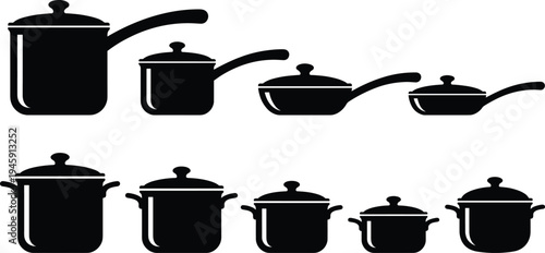 Cooking pots and pans silhouette set, kitchen cookware collection, saucepan casserole frying pan utensils, black kitchen vector illustration
