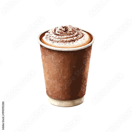 Watercolor vector illustration of Iced cappuccino with cream on top, white background