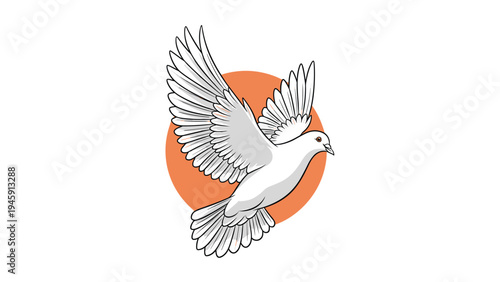White pigeon or dove in flight with spread wings against a circular orange sun background isolated on a white backdrop.