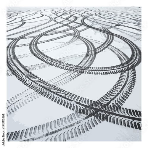 Tire tracks forming abstract patterns on a snowy surface