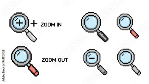 Pixel art collection of magnifying glasses representing zoom in and zoom out functions for user interface and gaming applications.