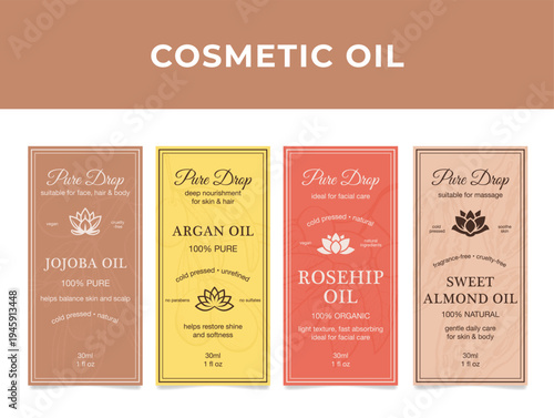 A set of labels for various types of cosmetic oils, including jojoba oil, argan oil, rosehip oil, and sweet almond oil, used for skin and hair care.