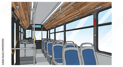 Interior of a modern bus with blue seats and large windows