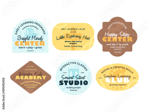 A set of logos for various children s centers, each highlighting a unique program aimed at educating and developing children s creative abilities.