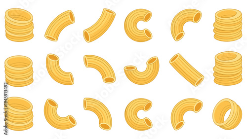 Illustration of various dry pasta types including macaroni and penne arranged in a neat grid pattern on a white background.