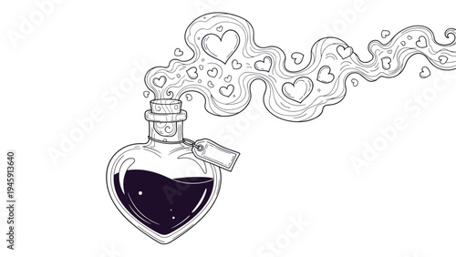Black and white line art of a heart shaped glass bottle filled with liquid emitting smoke and smaller heart symbols.