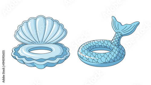 Pair of light blue inflatable pool floats shaped like an open clam shell and a mermaid tail for summer recreation.