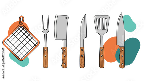 Collection of various kitchen utensils and knives with wooden handles displayed against an abstract background of colorful shapes.