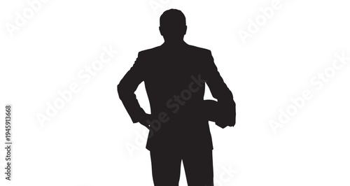 Pilot Silhouette graphic illustration of a professional airline pilot standing confidently while holding his uniform cap against a bright white background.