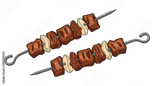 Realistic illustration of two metal skewers loaded with grilled meat chunks and slices of onion isolated on a white background.