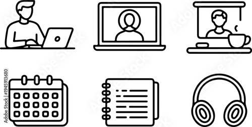 Set of online work icons: person working on laptop, video conference, remote meeting, calendar, notebook, headphones