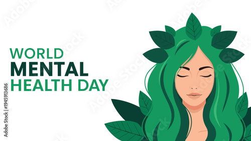 World mental health day banner featuring a woman with long green hair adorned with leaves symbolizing nature and tranquility.