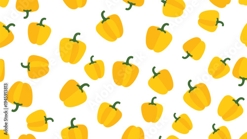 Seamless background pattern featuring many small yellow bell peppers scattered randomly across a clean white surface for food themes.