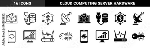 Black and white hybrid network icons featuring integrated database server cloud computing and wireless connectivity symbols in outline and solid styles