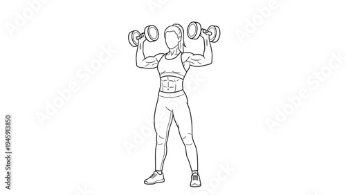 Black and white line drawing of a muscular woman performing an overhead dumbbell press exercise for shoulder strength.
