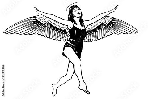 Running Angel Girl with Spread Wings. Black and white vector clipart in pin up, pop art style.