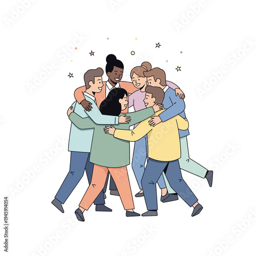 Diverse group of friends hugging happily, celebrating togetherness and friendship