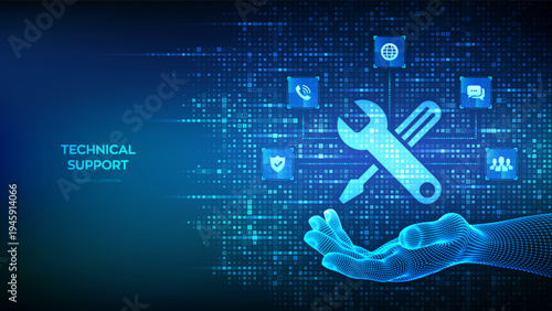 Technical support icon made with binary code in hand. Online tech support concept. Customer help. Customer service icons connections. Binary digital background with digits 1.0. Vector Illustration.
