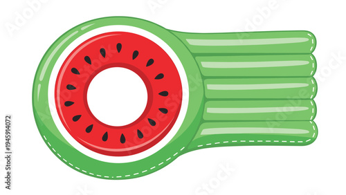 Inflatable pool float shaped like a round watermelon slice with green rind and red center with black seeds for summer leisure.