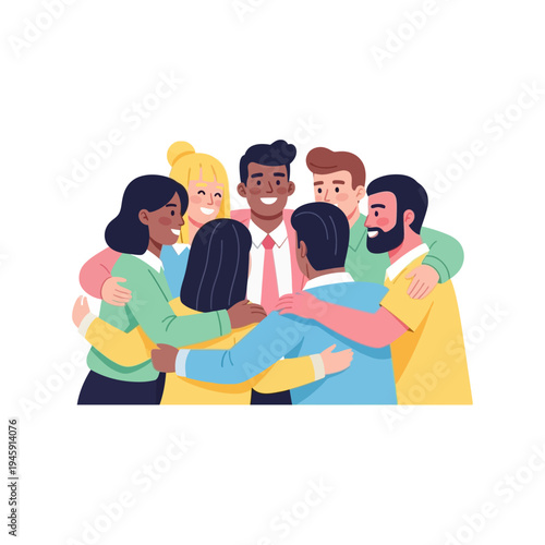 Diverse group of happy people hugging together in a circle, friendship and unity concept