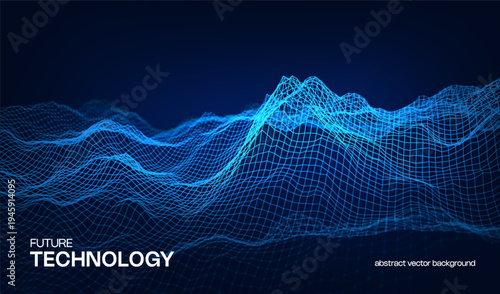 Abstract cyber ai background digital design with wireframe landscape grid line. 3D mountain and futuristic technology topographic big data concept. 