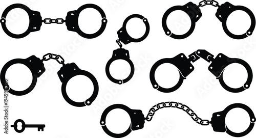 Police handcuffs set, metal restraint shackles collection, law enforcement arrest equipment, prison security symbol, black silhouette vector illustration