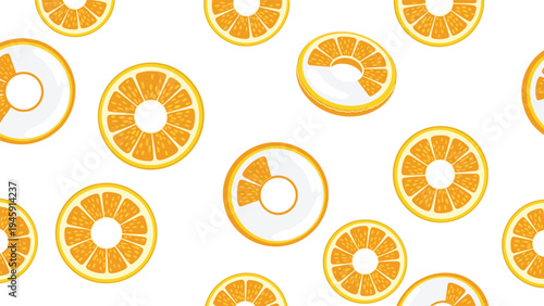 Refreshing pattern of orange fruit slices and white circular shapes scattered across a clean white background field.