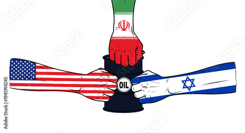 Countries of Iran, United States, and Israel are shown in a symbolic handshake over an oil barrel on a white background.