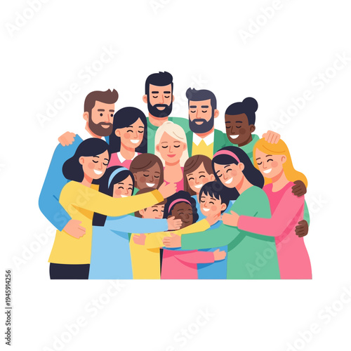 Diverse group of people hugging together, symbolizing unity, friendship, and togetherness