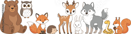 Cartoon forest animals illustration featuring bear, owl, fox, hedgehog, deer, rabbit, wolf, snake, and squirrel with cute expressions perfect for children’s educational materials and coloring pages