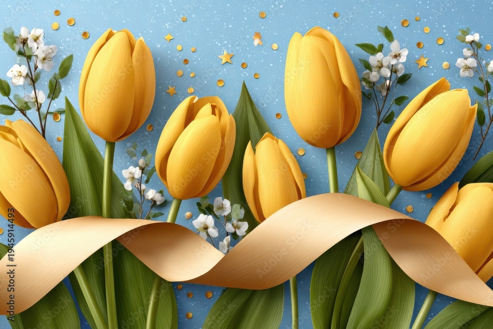 Obraz premium Bright yellow tulips with ribbon and gold stars on a blue background for spring celebration