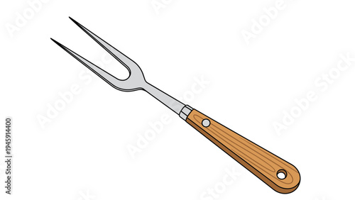 Professional kitchen carving fork with two sharp metal prongs and a polished wooden handle isolated on a white background.
