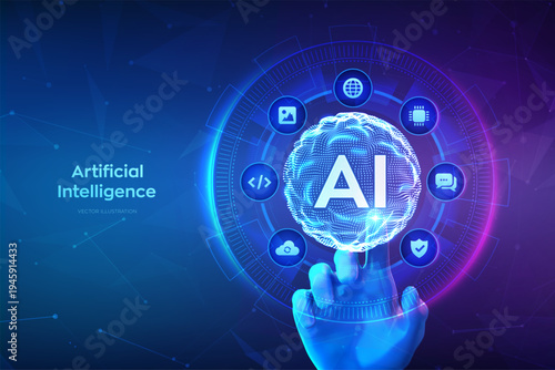 AI. Artificial Intelligence technology concept. Sphere grid wave as AI logo. Neural networks. Innovative machine learning. Big data. Hand touching digital interface. Vector illustration.