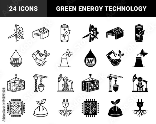 Sustainable industrial manufacturing and green energy hybrid icon set featuring eco friendly factory power plant and renewable technology symbols