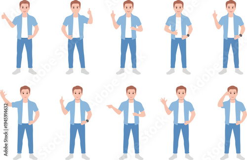 Young man character poses set with various hand gestures and body language for presentation and storytelling