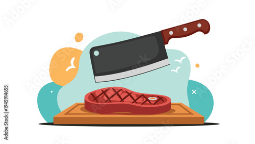 Graphic illustration of a large meat cleaver knife suspended over a tasty grilled steak on a wooden cutting board.