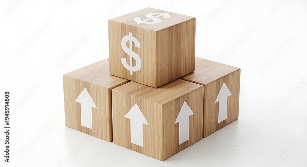 Fototapeta premium Wooden blocks with dollar sign and arrows indicating financial growth and increase