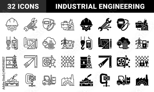 Heavy Industry and Engineering Hybrid Icons Featuring Combined Symbols of Construction Manufacturing Energy Production and Logistics Management
