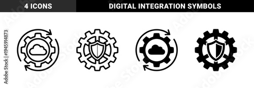 Hybrid Industrial Icon Set Merging Mechanical Gear Symmetry with Cloud Computing Security Shield and Link Connection Symbols in Minimalist Style