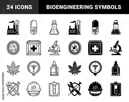 Hybrid pharmaceutical and industrial engineering icons merging medical symbols with mechanical gears factory structures and laboratory glassware