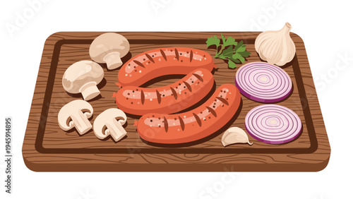 Delicious display of three grilled sausages, sliced mushrooms, red onion rings, and garlic on a wooden platter.
