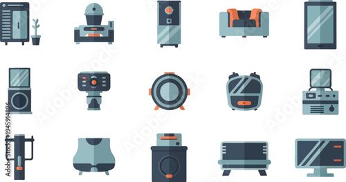 Flat design icons of household appliances, furniture, and electronics